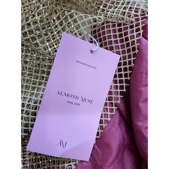 ALMOND MUSE ISABELLA Rhinestone Mesh Square Neck Maxi Dress Gold Ball Gown Sz S - Picture 10 of 11